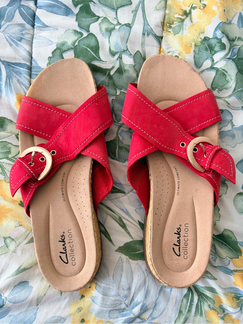 Clarks Red Crisscross Buckle Slide Sandals
